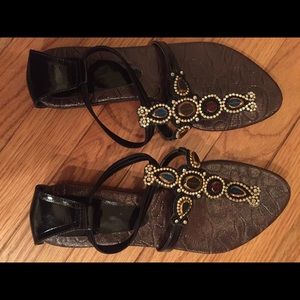 Bejeweled dark brown flat sandals used once